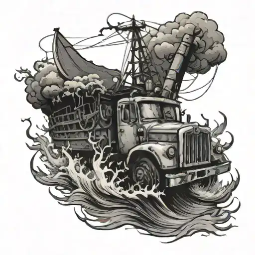 A black-grey tattoo of a truck pulling a fishing boat on a stormy sea, with horror elements like tentacles emerging from the water tattoo design idea