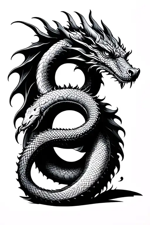 Please design a tattoo with a dragon and a snake wrapped around each other to form the number 8 tattoo design idea