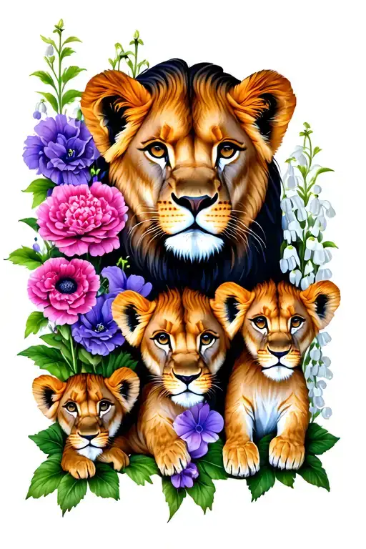 a lioness, 2 lion cubs, carnation flowers, violets, chrysanthemum, lily of the valley, poppies and sweet pea flowers  tattoo design idea