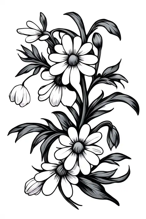 fine line simplistic vine with snowdrops and daisies intertwined  tattoo design idea