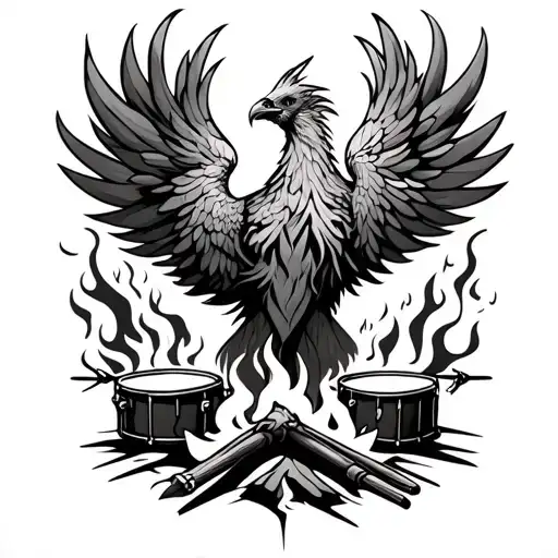Create an image for a tattoo sleeve that features an abstract phoenix on the bottom, then a campfire and drumsticks tattoo design idea
