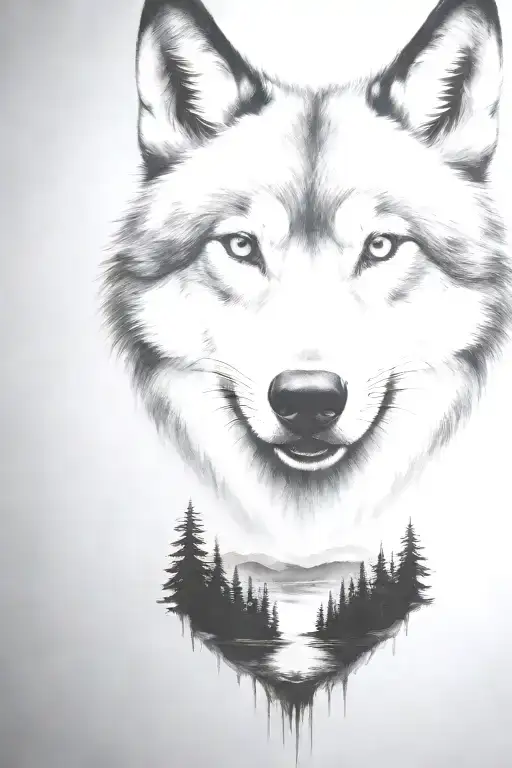 wolf cub, moon, forest, river, adult wolf, smoke rising tattoo design idea