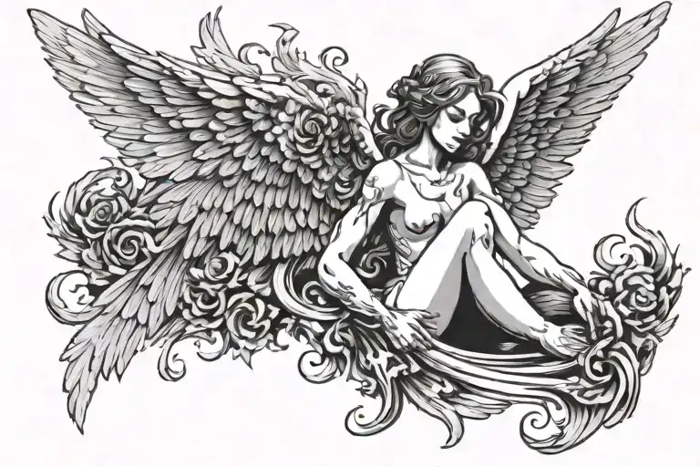 y2k angel with decaying wings holding tattoo design idea
