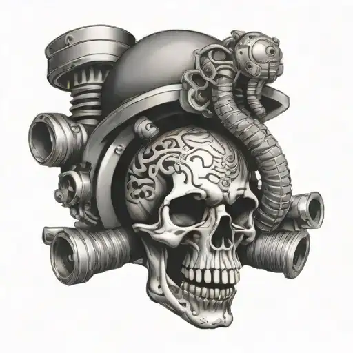 skull and engine with snake coiled tattoo design idea