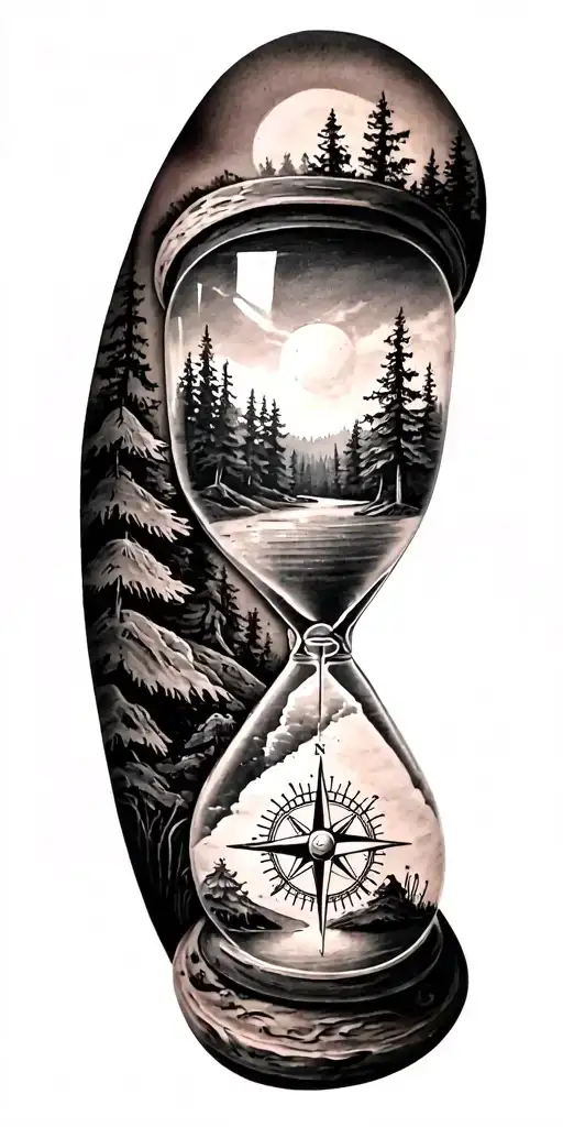 family and forest and hour glass and compass golf course tattoo design idea