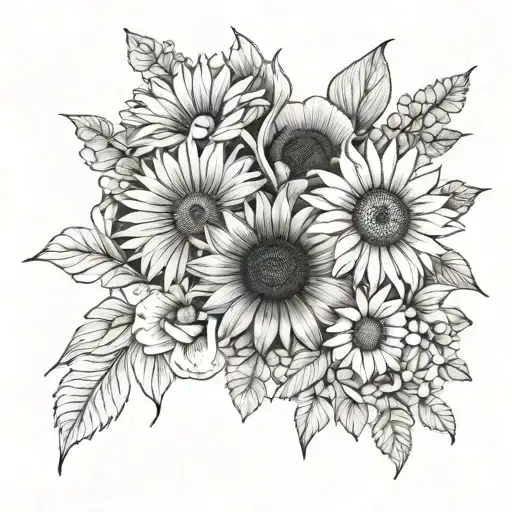 line art bouquet of flowers that has a sunflower, rose, lily, buttercup and daisy flower tattoo design idea