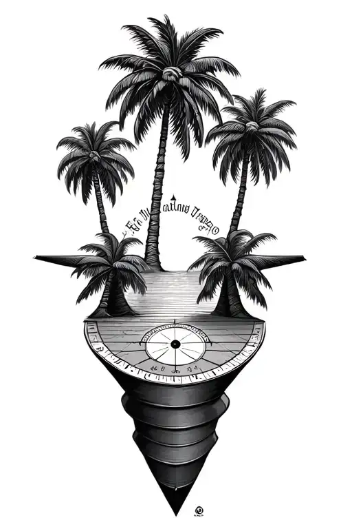 palm trees, sundial, family tattoo design idea