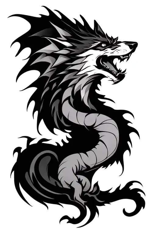 wolf and dragon intertwined tattoo design idea