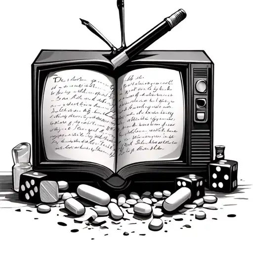 medicine pills spilled, open book written inside, pen, broken tv, dices, alcohol bottle, chicano style tattoo design idea
