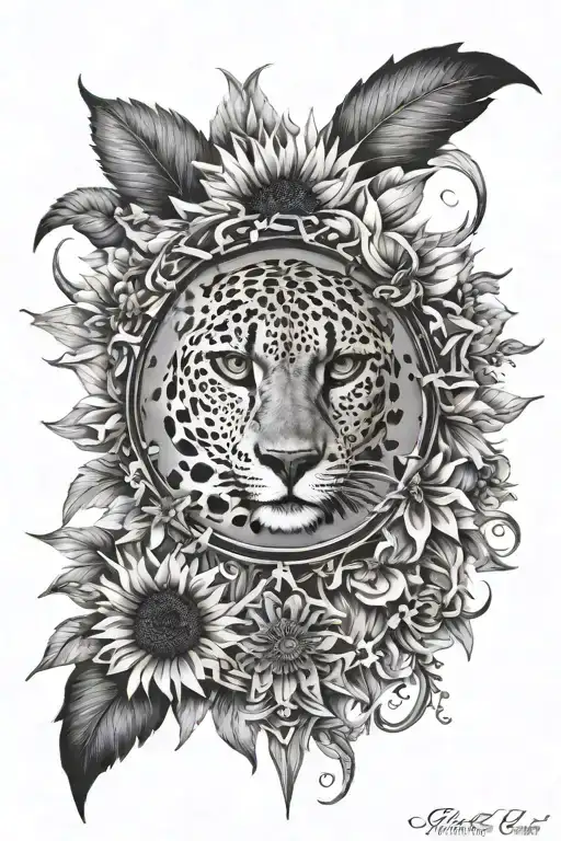cheetah eye , cheetah print , flowers - sunflowers roman numerals IV-XXI-MMVIII  christian cross  “made in heaven” tattoo design idea