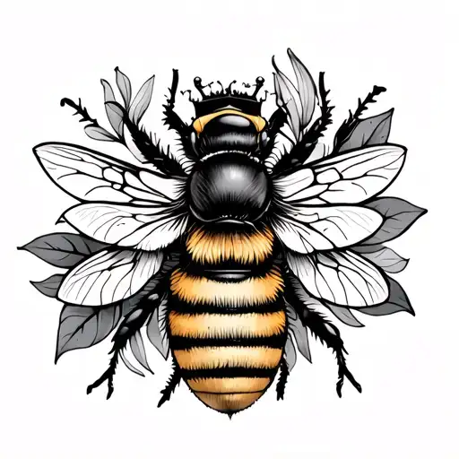 bee with lotus flowers & crown surrounded tattoo design idea