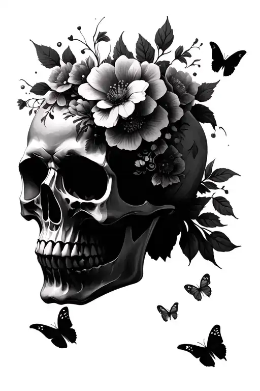 Skull, Floral, Butterflies tattoo design idea