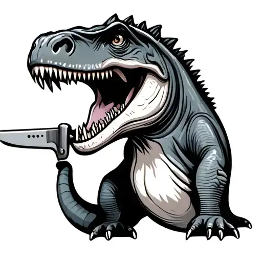 cute baby dinosaur holding a knife in its mouth tattoo design idea
