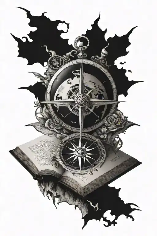 Earth in a book open with compass rose tattoo design idea
