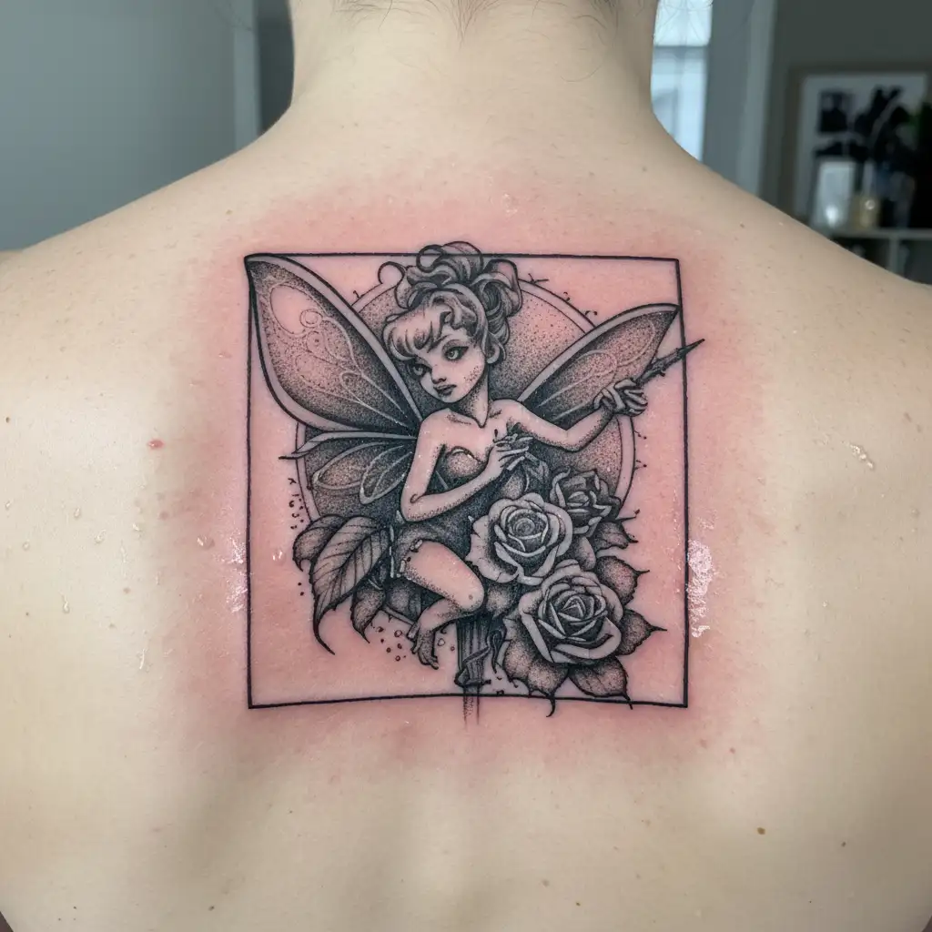 tinkerbell holding onto a rose stem like a stripper pole tattoo design idea