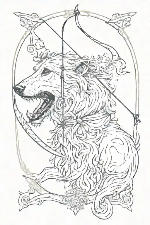 A sketch of a bow and arrow with a hidden silhouette of a Scottish Deerhound in the backgroun tattoo design idea