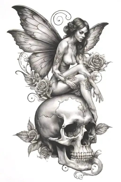 nude fairy sitting on a skull tattoo design idea