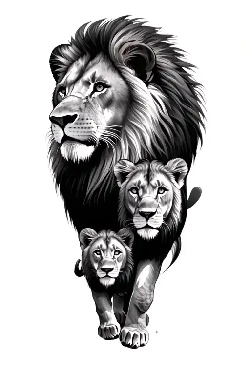 male lion with female lion and two cubs tattoo design idea