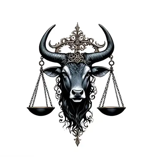 libra scales and feminine taurus bull tattoo design idea