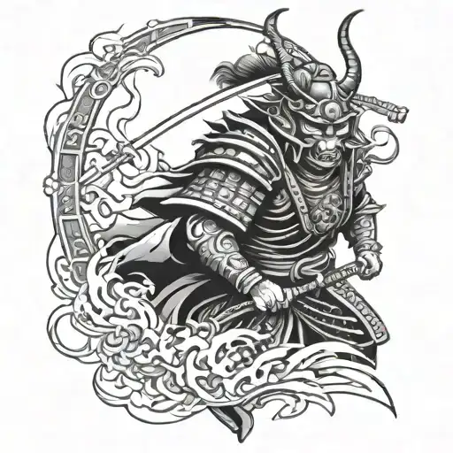 Samurai with demonic face demonic mask full body detailing tattoo design idea