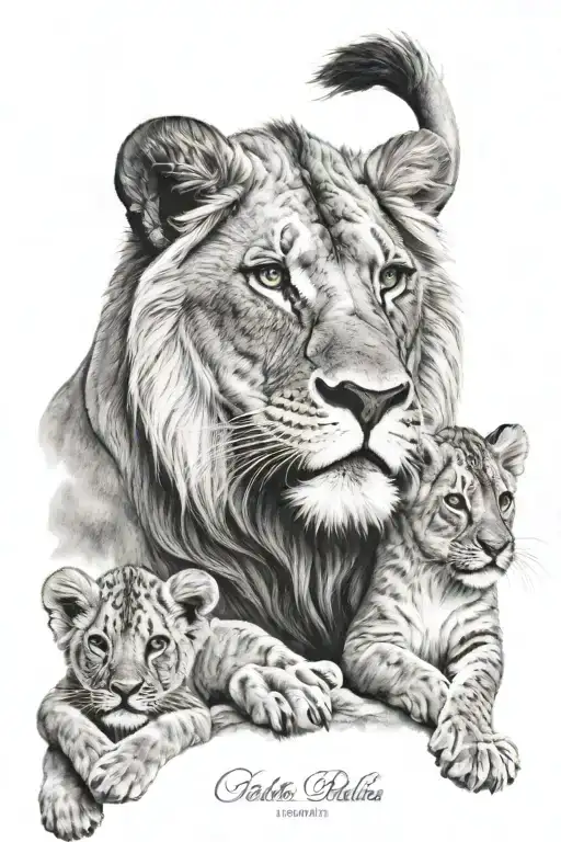 lion and 2 lion cub tattoo design idea