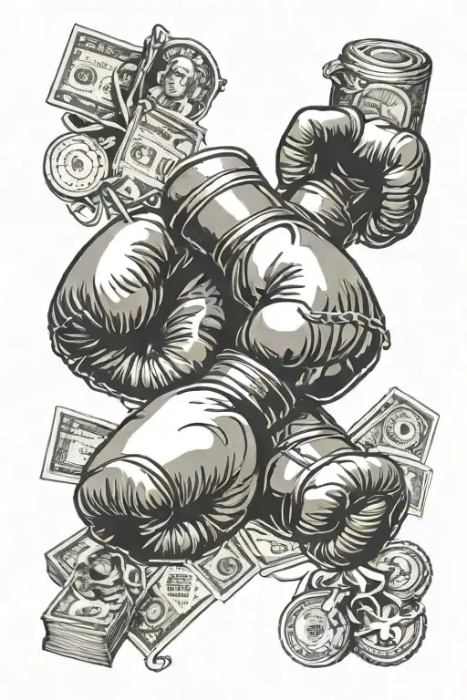 Full arm with boxing gloves, hand cuffs, 100 dollar notes, ace, queen and king, sculls, ying yang,  tattoo design idea