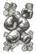 Full arm with boxing gloves, hand cuffs, 100 dollar notes, ace, queen and king, sculls, ying yang,  tattoo design idea