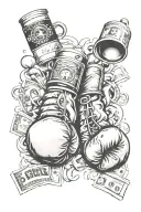 Full arm with boxing gloves, hand cuffs, 100 dollar notes, ace, queen and king, sculls, ying yang,  tattoo design idea