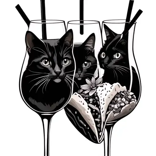 Three Wine glasses, straw, friendship, cat, taco, flowers tattoo design idea