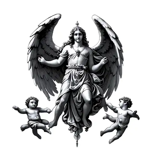 winged angel warrior with four cherubs tattoo design idea