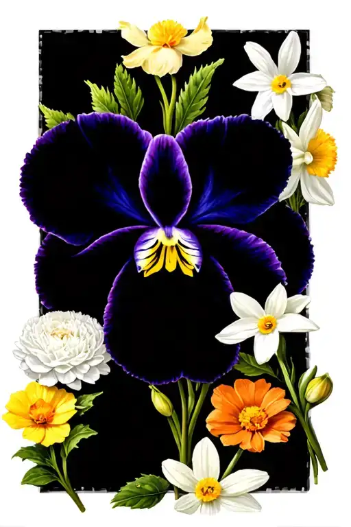 an African violet surrounded by a white carnation, a white daffodil, a yellow tulip and a orange cosmos tattoo design idea