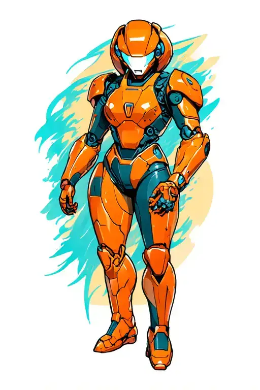 Badass half-sleeve tattoo design in full color, illustrative style, featuring Samus Aran in her iconic orange Varia Suit tattoo design idea