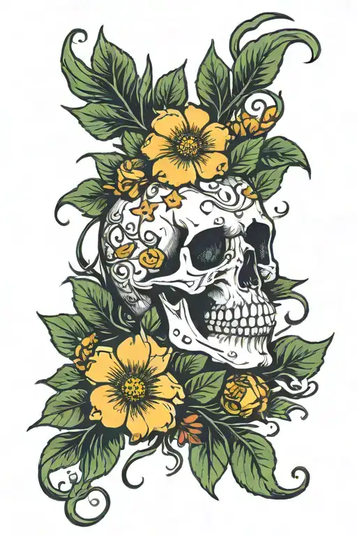 skull in weeds with Cherokee rose intertwined tattoo design idea