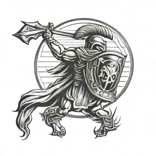 Spartan with shield and long spear on front line tattoo design idea