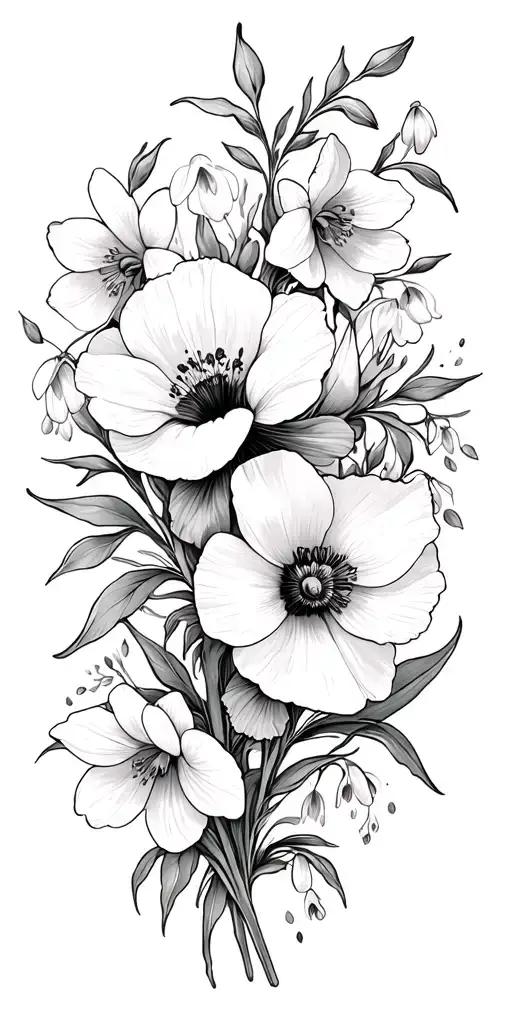 honeysuckle, snowdrop, poppy, narcissus flowers and vines tattoo design idea