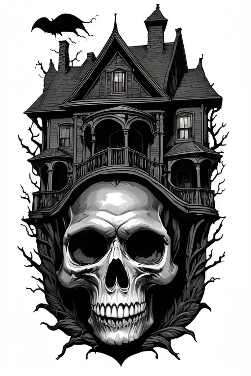Scary Haunted House behind large Skull Mysterious and Dark tattoo design idea