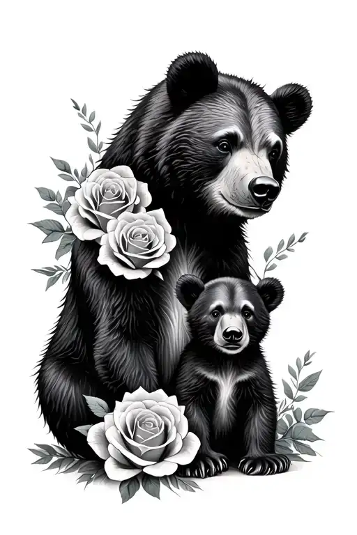 protective mama bear with roses and 2 cubs tattoo design idea