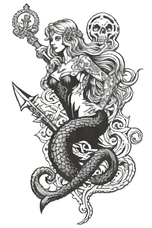 mermaid with big anchor and scull tattoo design idea