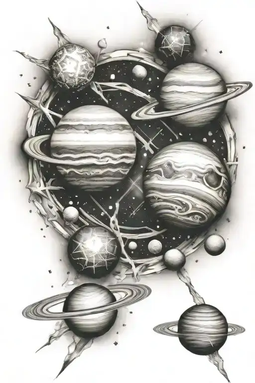 planets, stars, supernova explosion within tattoo design idea