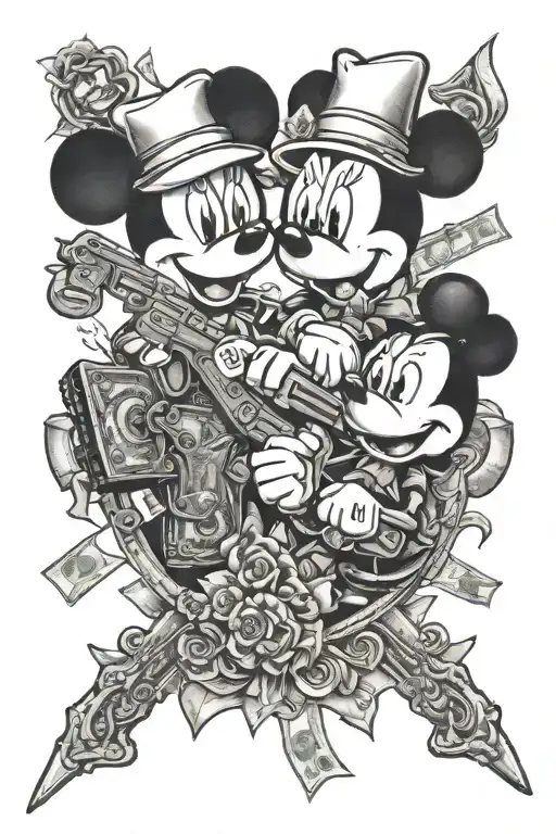 Minnie and Mickey mouse money bags n guns tattoo design idea