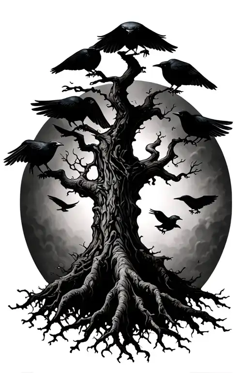 poision tree with long roots and black crows flying tattoo design idea