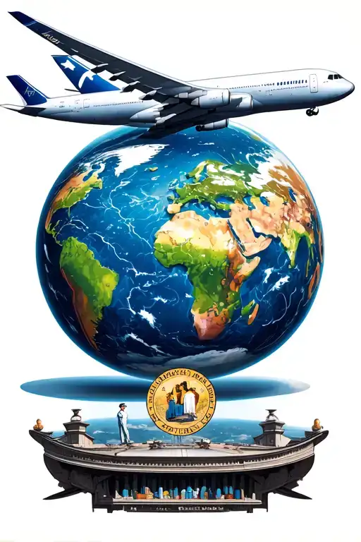 Globe earth pic realistic, boeing 747 plane above the globe, airline cabin crew on the tail tattoo design idea