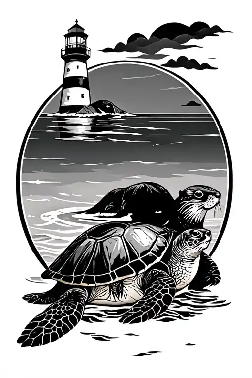 sea turtle with otters and a lighthouse surrounded tattoo design idea
