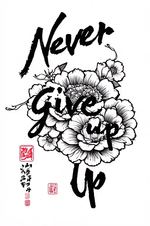 Create a tattoo design with the text "Never give up" with the japanese translation next to it tattoo design idea