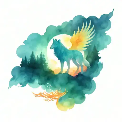 wolf and phoenix rising tattoo design idea