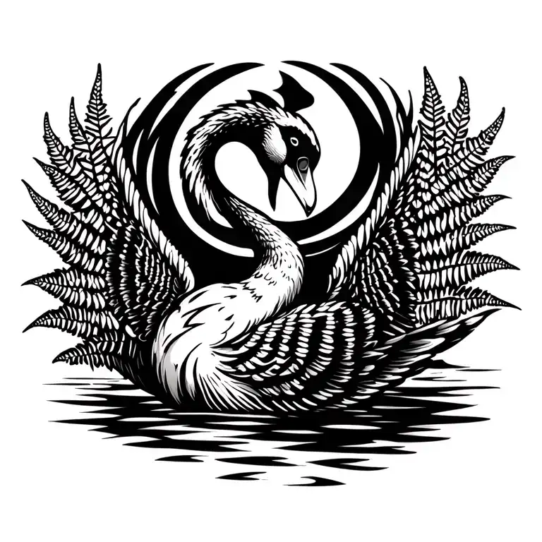 black swan with newzealand fern wings spread out  tattoo design idea
