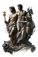 leg sleeve with zeus, poseidon, and hades on top with theseus and heracles on the bottom tattoo design idea