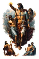 leg sleeve with zeus, poseidon, and hades on top with theseus and heracles on the bottom tattoo design idea