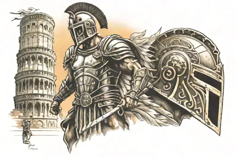 angel in the rays of the sun and a gladiator in a helmet against the backdrop of the Colosseum tattoo design idea