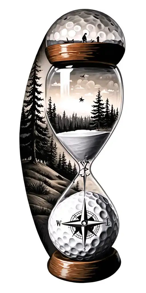 family and forest and hour glass and compass golf course golf ball tattoo design idea
